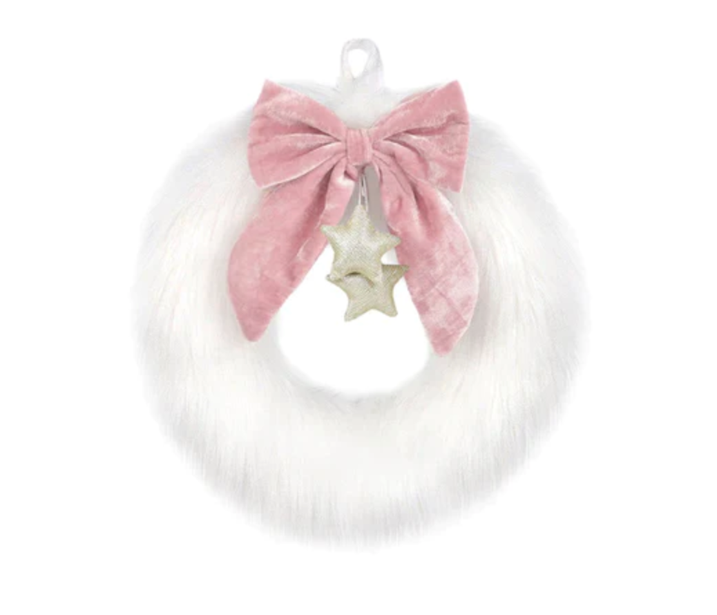 Mon Ami - White Faux Fur Wreath with Pink Bow