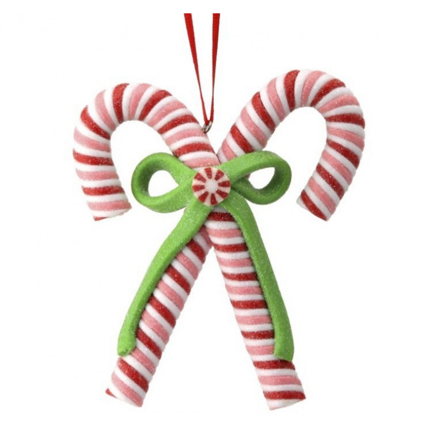 Glitter Candy Cane Ornament with Green Bow