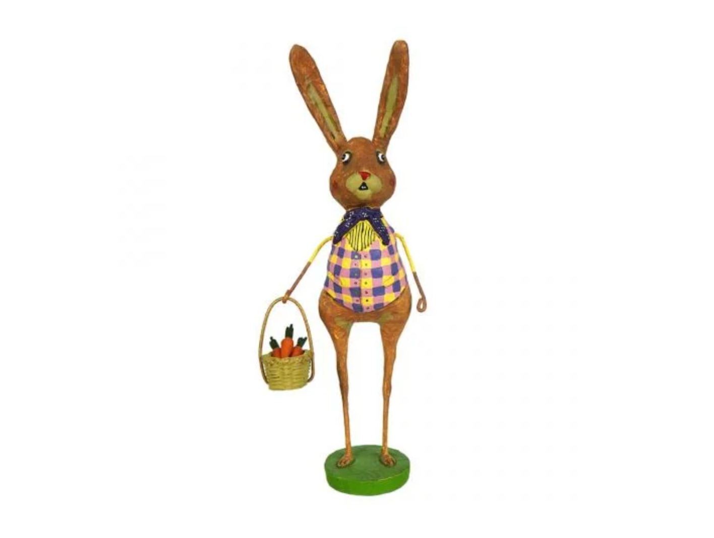 Rabbit in Pink and Purple Check Vest with Basket of Carrots