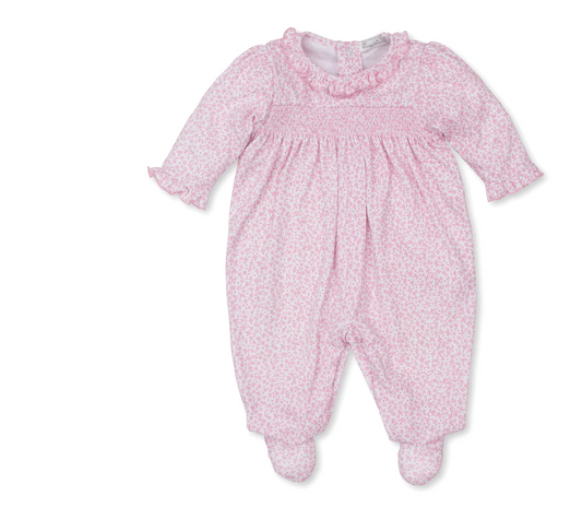 Smocked Pink Floral Long Sleeve Footed Onesie