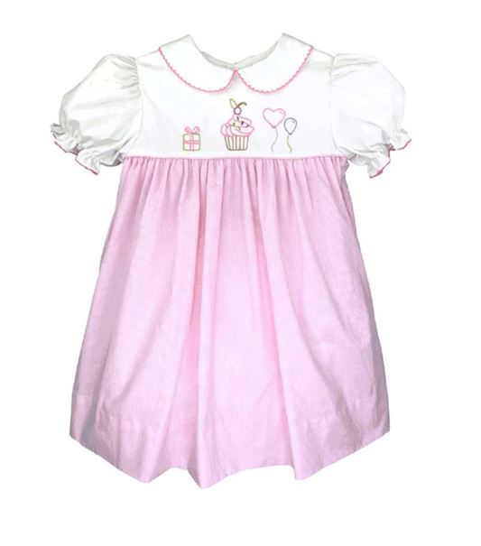 Pink Gingham Birthday Dress with Embroidered Cupcake