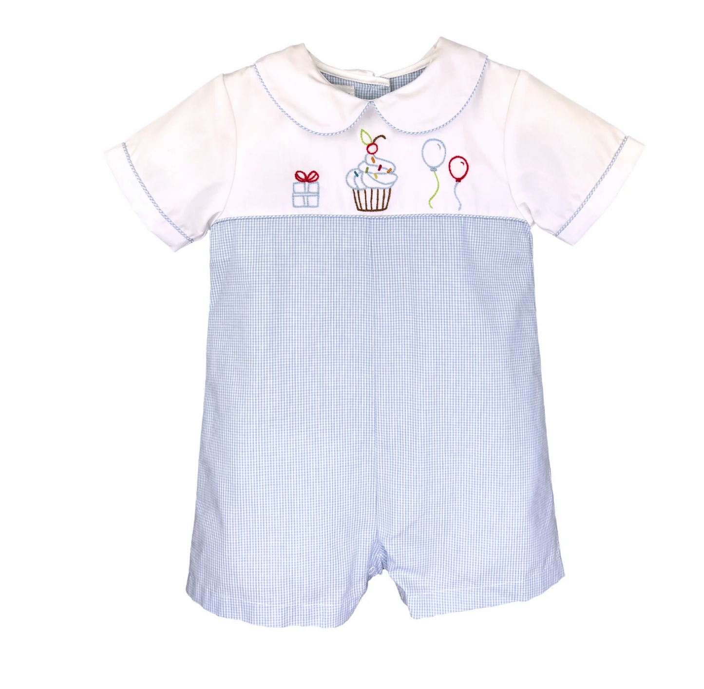 Blue Check Birthday Romper with Embroidered Cupcake
