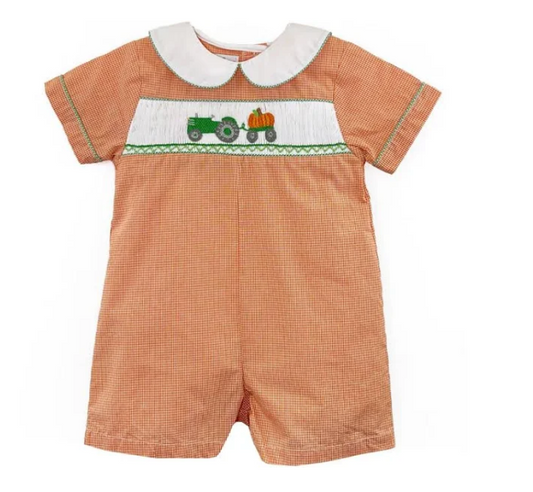 Orange Check Romper with Tractor and Pumpkin