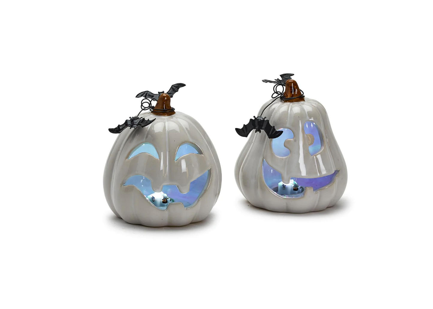 Gray Ceramic Jack O Lantern with Bats   LED Light - 2 Designs