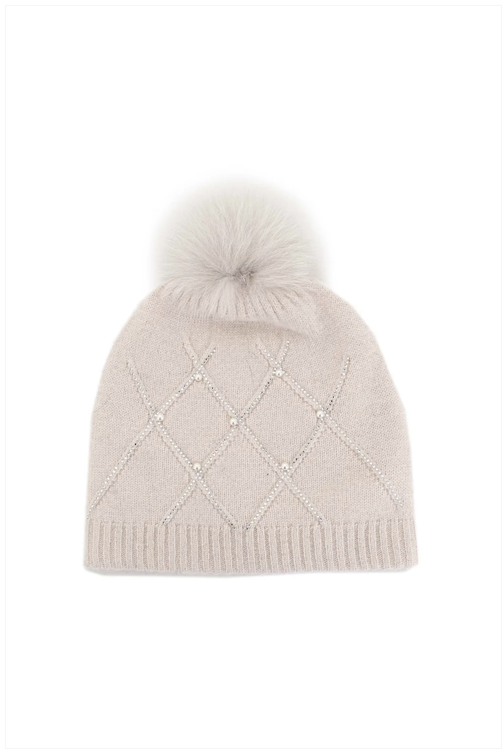 Nude Beanie with Pearls and Fox Pom Pom