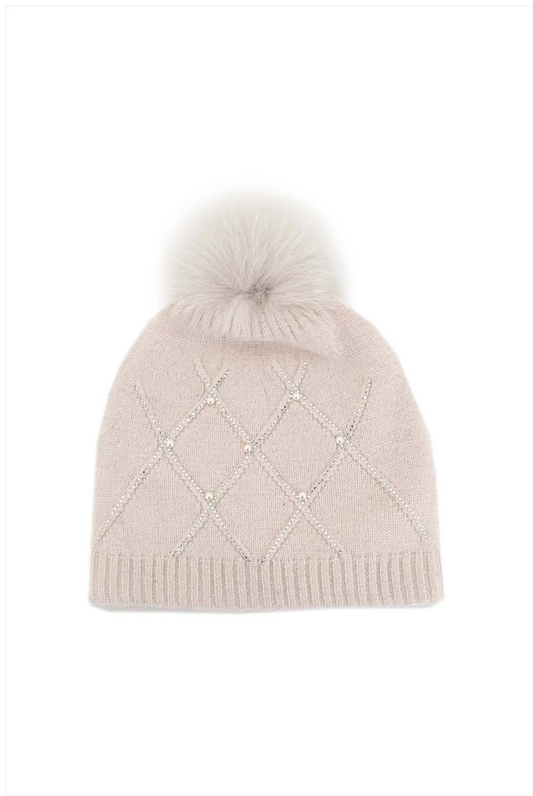 Nude Beanie with Pearls and Fox Pom Pom