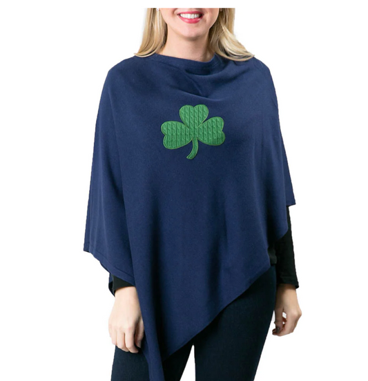 Navy Ladies Poncho with Green Cable Knit Shamrock