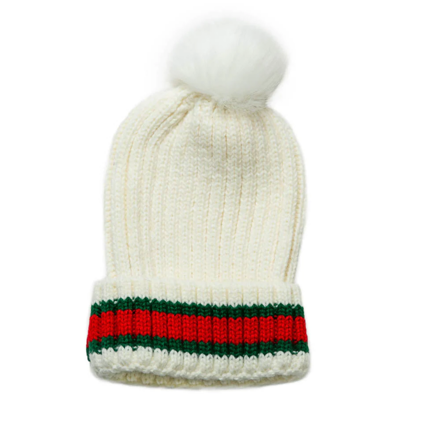 Knit Hat with Red and Green Stripe Faux Fur Pom Pom - 2 Colors