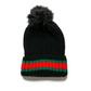Knit Hat with Red and Green Stripe Faux Fur Pom Pom - 2 Colors