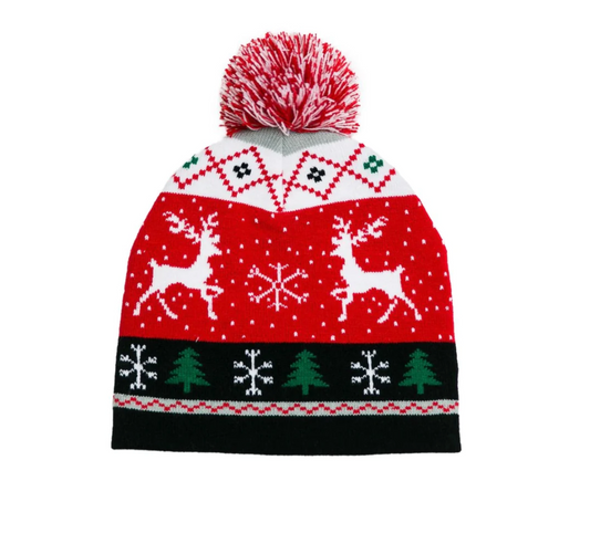 Red Hat with Reindeer and Pom Pom Topper