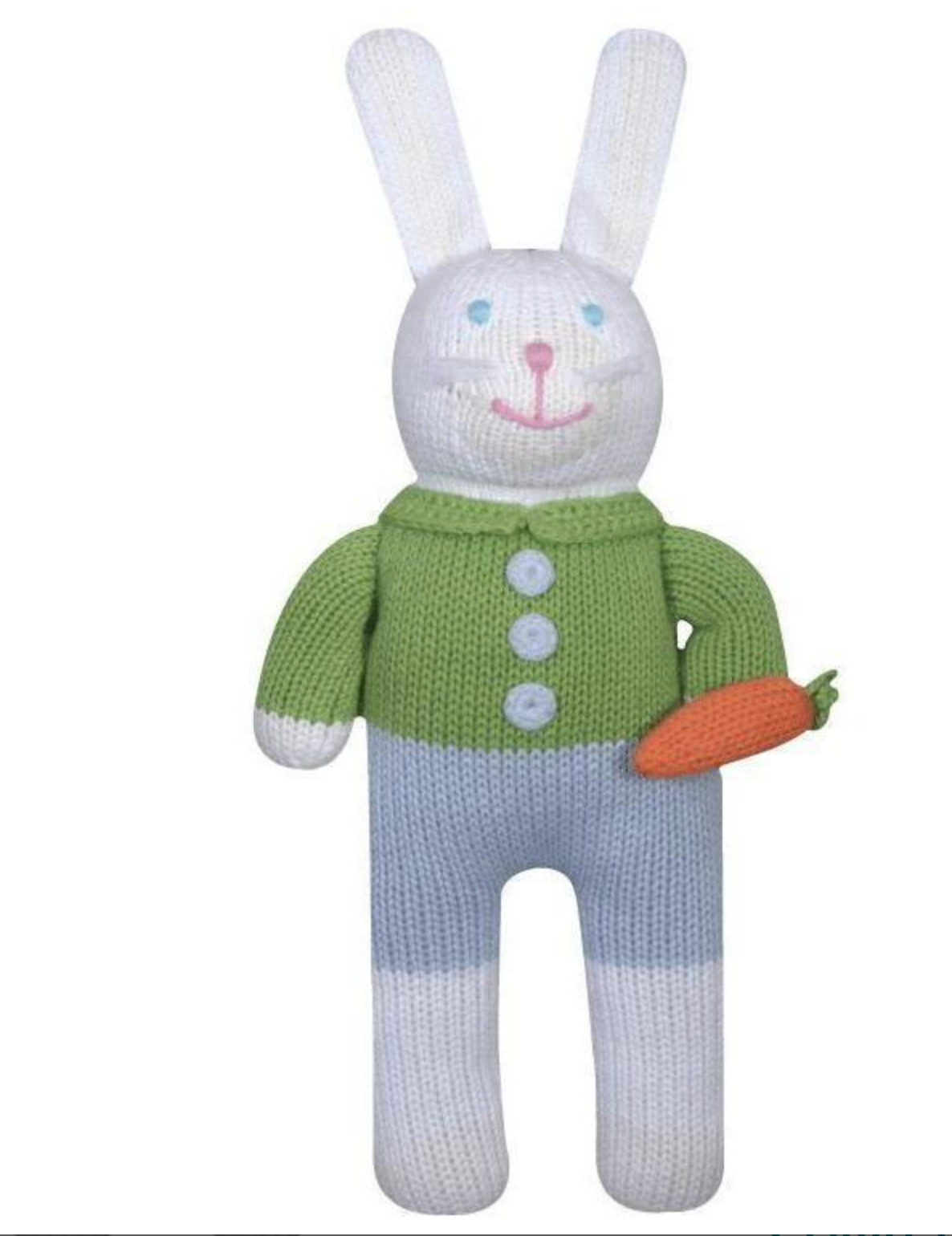 Knit Bunny Rattle in Green Sweater with Carrot