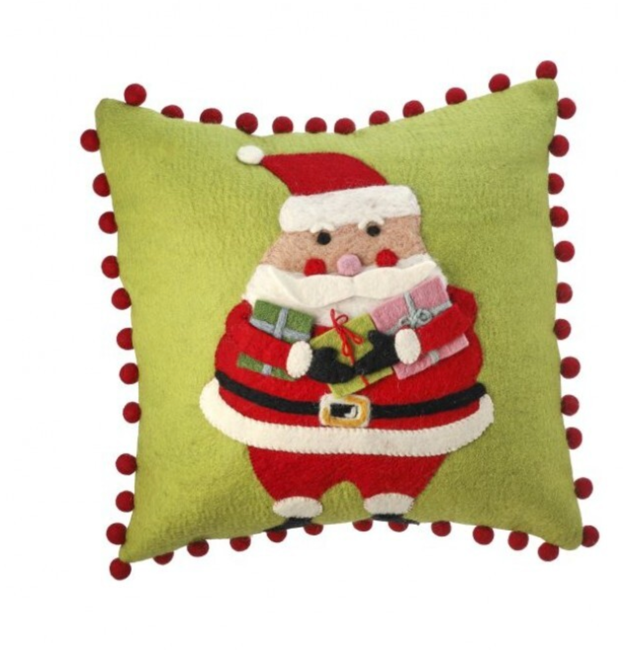 Green Felt Santa Pillow with Red Pom Poms