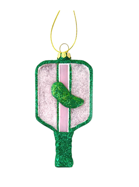 Pink and Green Pickle Ball Glass Ornament