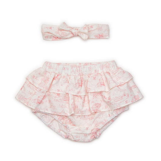 Pink Toile Ruffled Diaper Cover and Bow Set - 2 Sizes