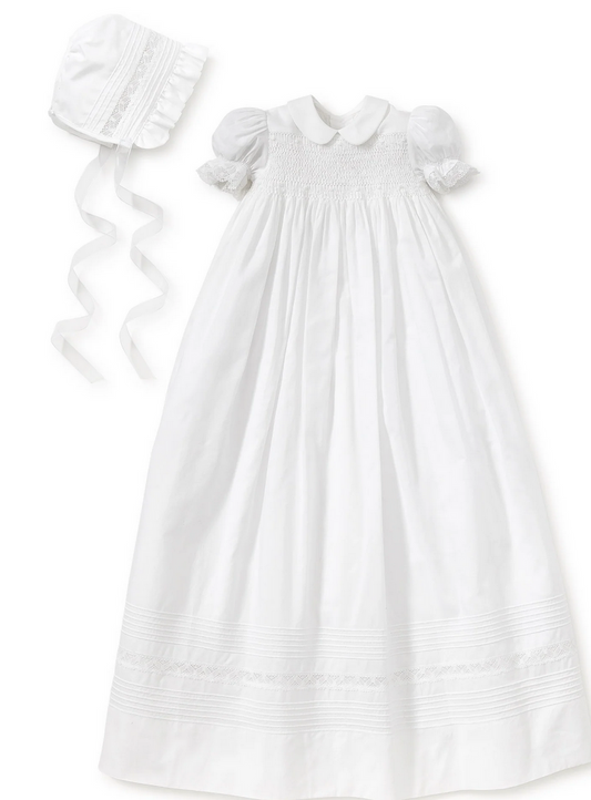 Girls Smocked Christening Gown with Collar and Hat