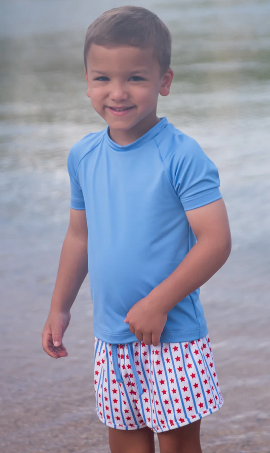 Blue Rash Guard with Stars  and Stripes Swim Trunks Set