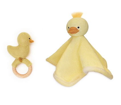 Yellow Crocheted Duck Lovey and Teething Ring Set