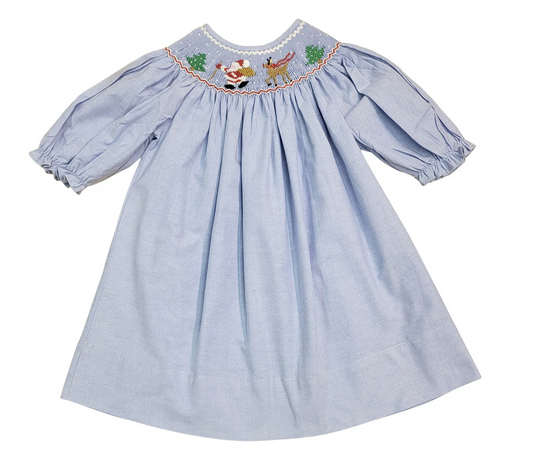 Blue Smocked Santa and Reindeer Dress