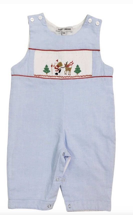 Blue Smocked Santa and Reindeer Longall