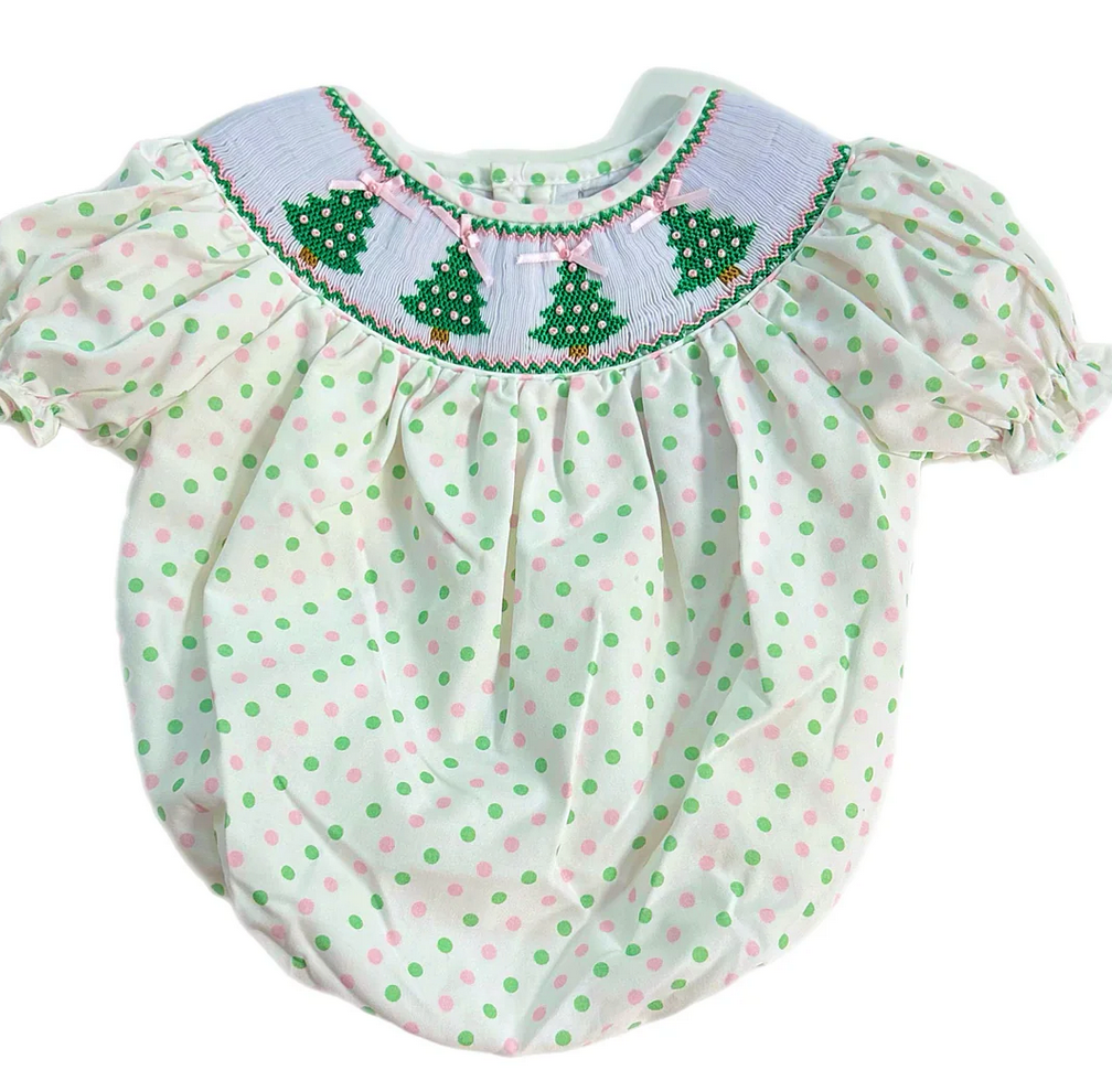 Smocked Pink and Green Polka Dot Bubble with Christmas Tree