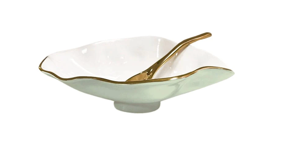 Beatriz Ball - Oval Bowl with Gold Spoon - Light Green or Cream