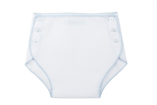 White Diaper Cover with Buttons and Blue Stitching