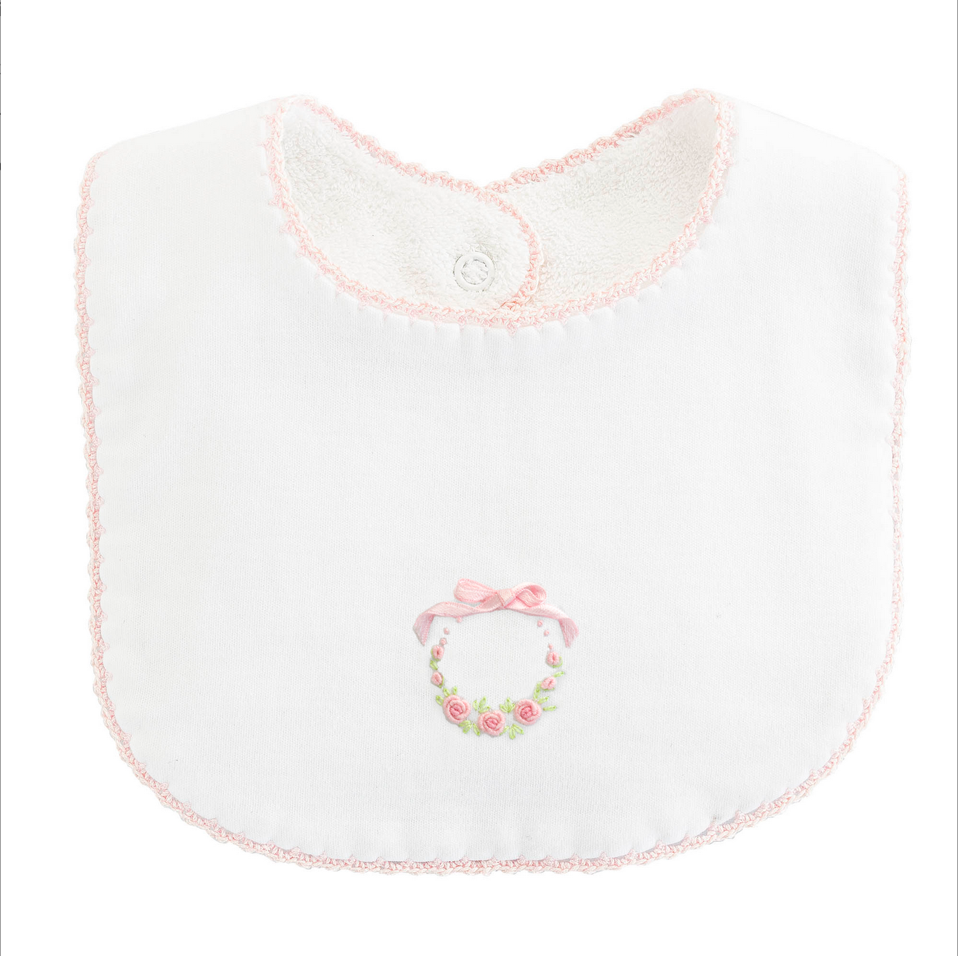 Bows and Roses - Bib with Pink Crochet Trim