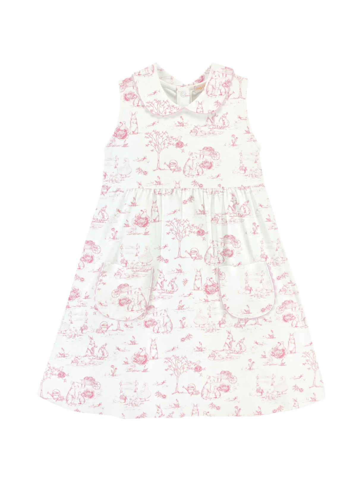 Pink Toile Bunnies Printed Dress w/Round Collar