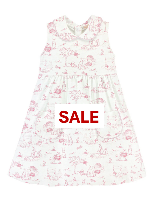 Pink Toile Bunnies Printed Dress w/Round Collar