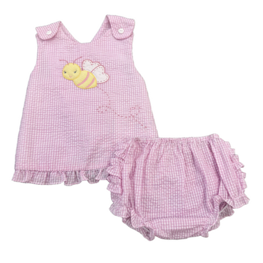 Petit Ami - Seersucker Outfit with Bee - Pink