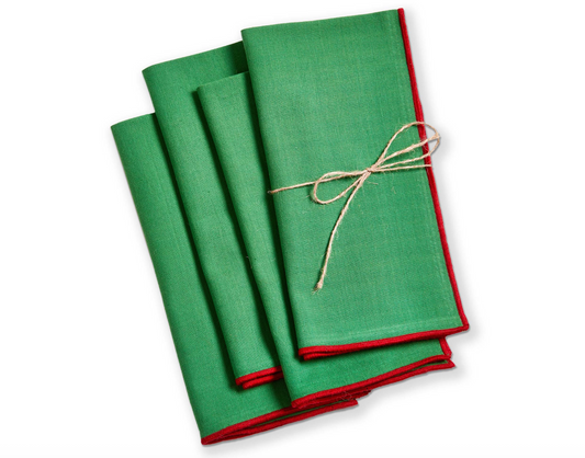 Green Napkin with Red Trim - Set of 4