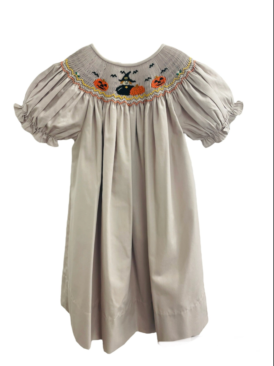 Rosalina - Khaki Smocked Dress with Witch and Pumpkins