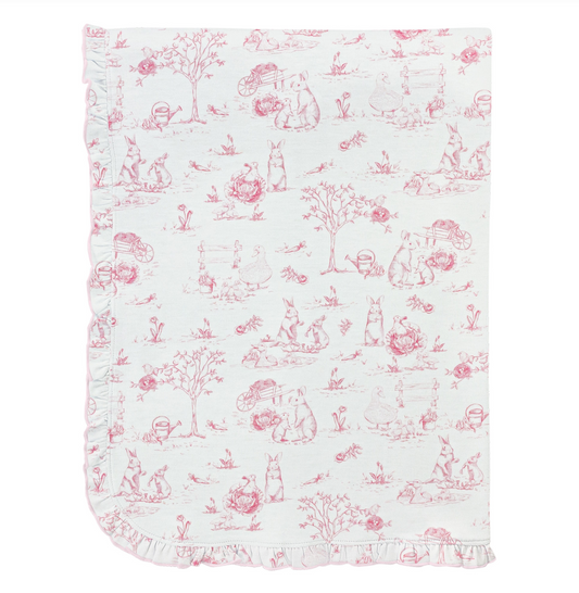 Baby Club Chic - Pink Toile Bunnies - Receiving Blanket - Ruffle Trim
