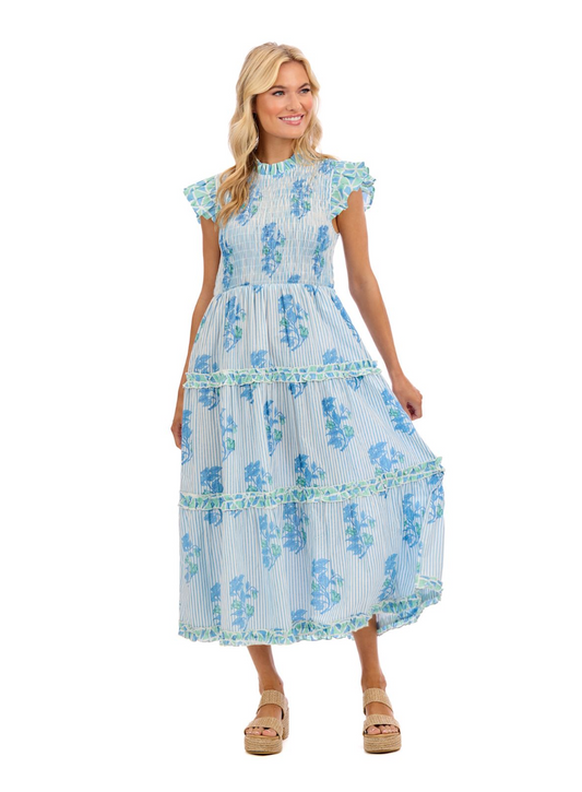 Perin Smocked Midi Dress in Blue