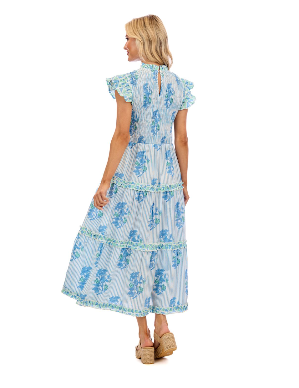 Perin Smocked Midi Dress in Blue