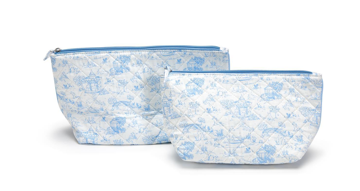 Toile Quilted Pouch - Blue - Two Sizes
