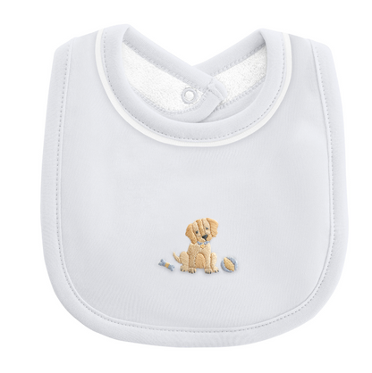 Baby Club Chic - Embroidered Dog on Blue Collection - Bib, Hat, Outfit, Blanket