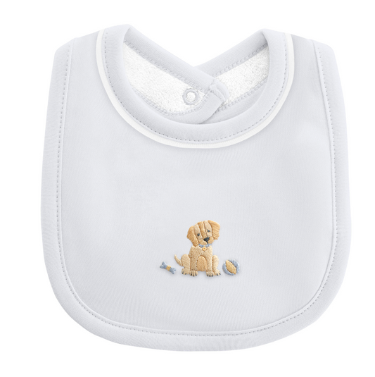 Baby Club Chic - Embroidered Dog on Blue Collection - Bib, Hat, Outfit, Blanket