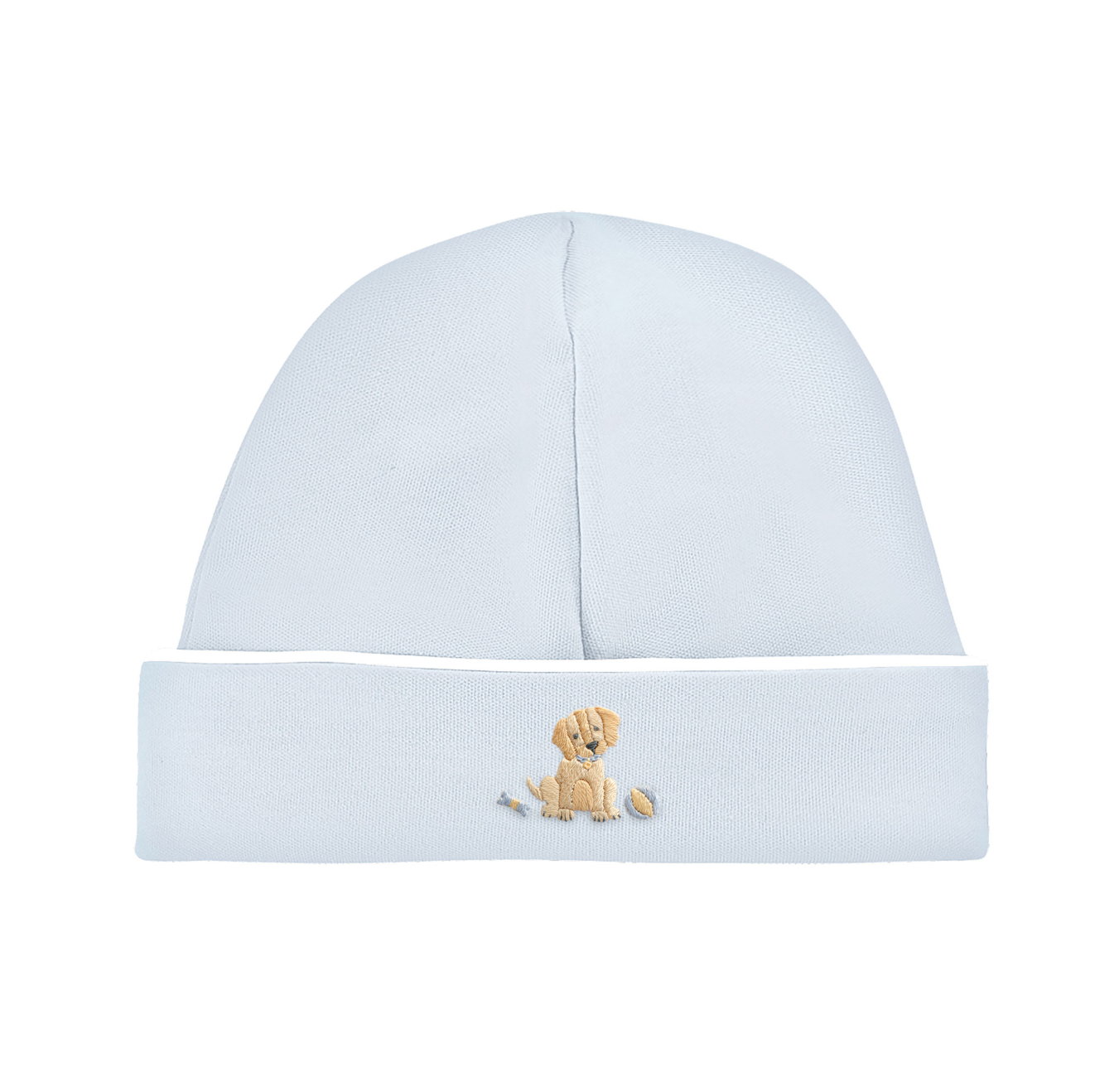 Baby Club Chic - Embroidered Dog on Blue Collection - Bib, Hat, Outfit, Blanket