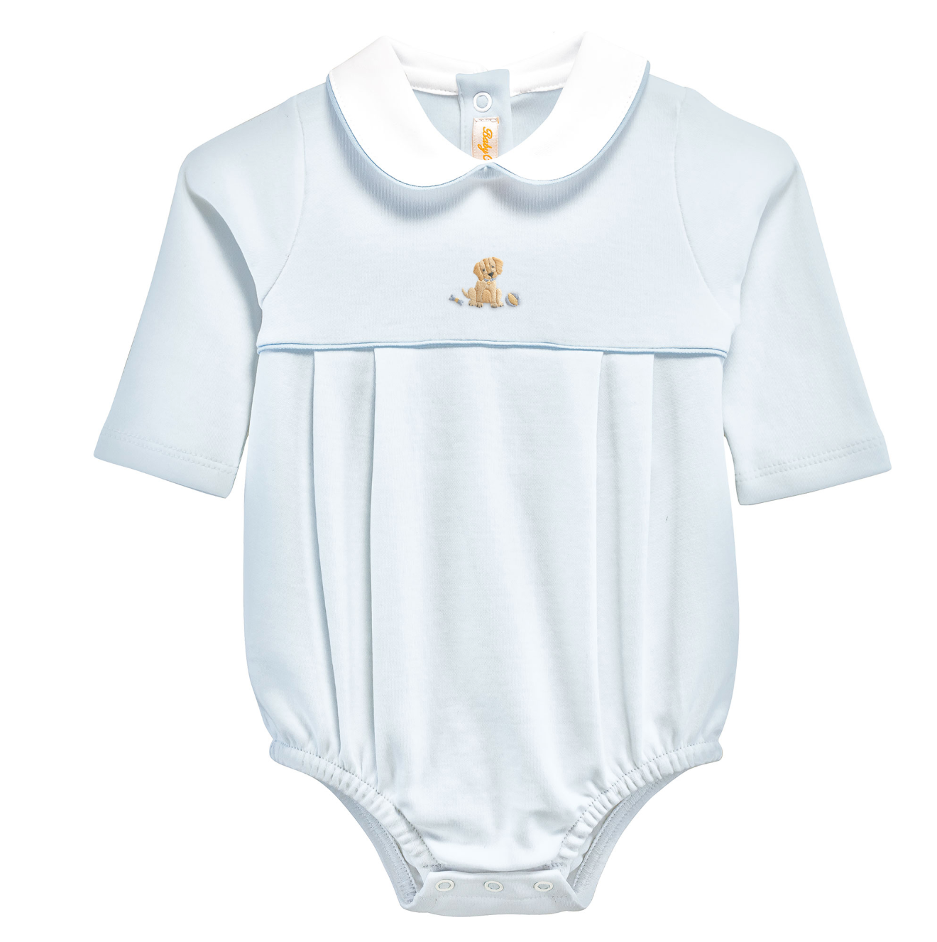 Baby Club Chic - Embroidered Dog on Blue Collection - Bib, Hat, Outfit, Blanket