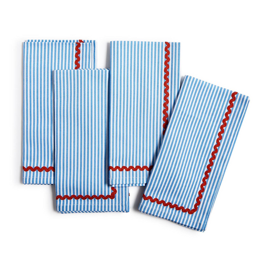 Blue Stripe w/Red Ric Rac Trim Cloth Dinner Napkins - Set of 4