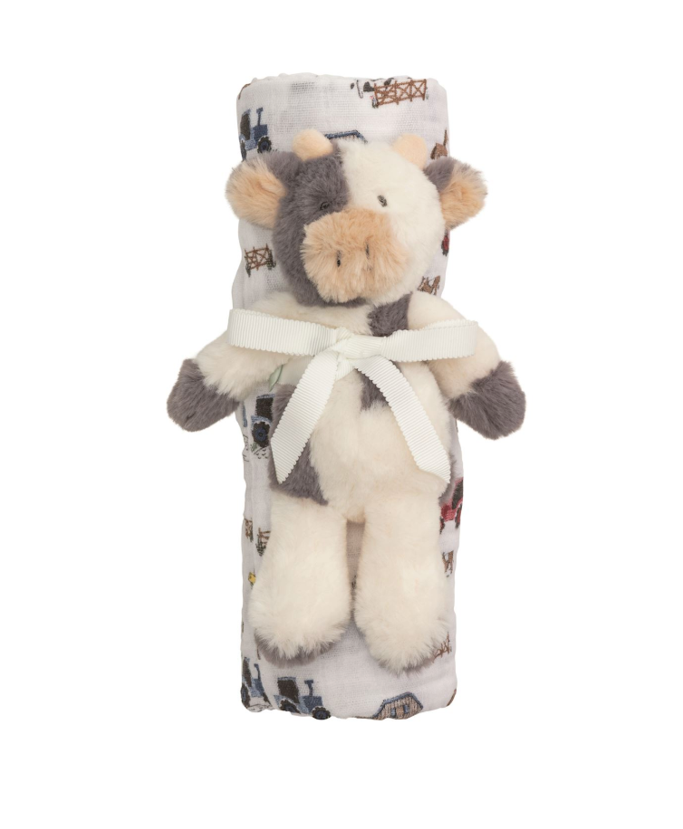 Farm Swaddle Blanket and Cow Rattle Set