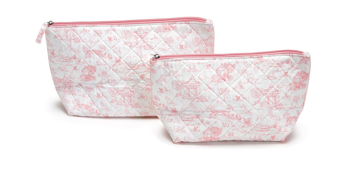 Toile Quilted Pouch - Pink - Two Sizes