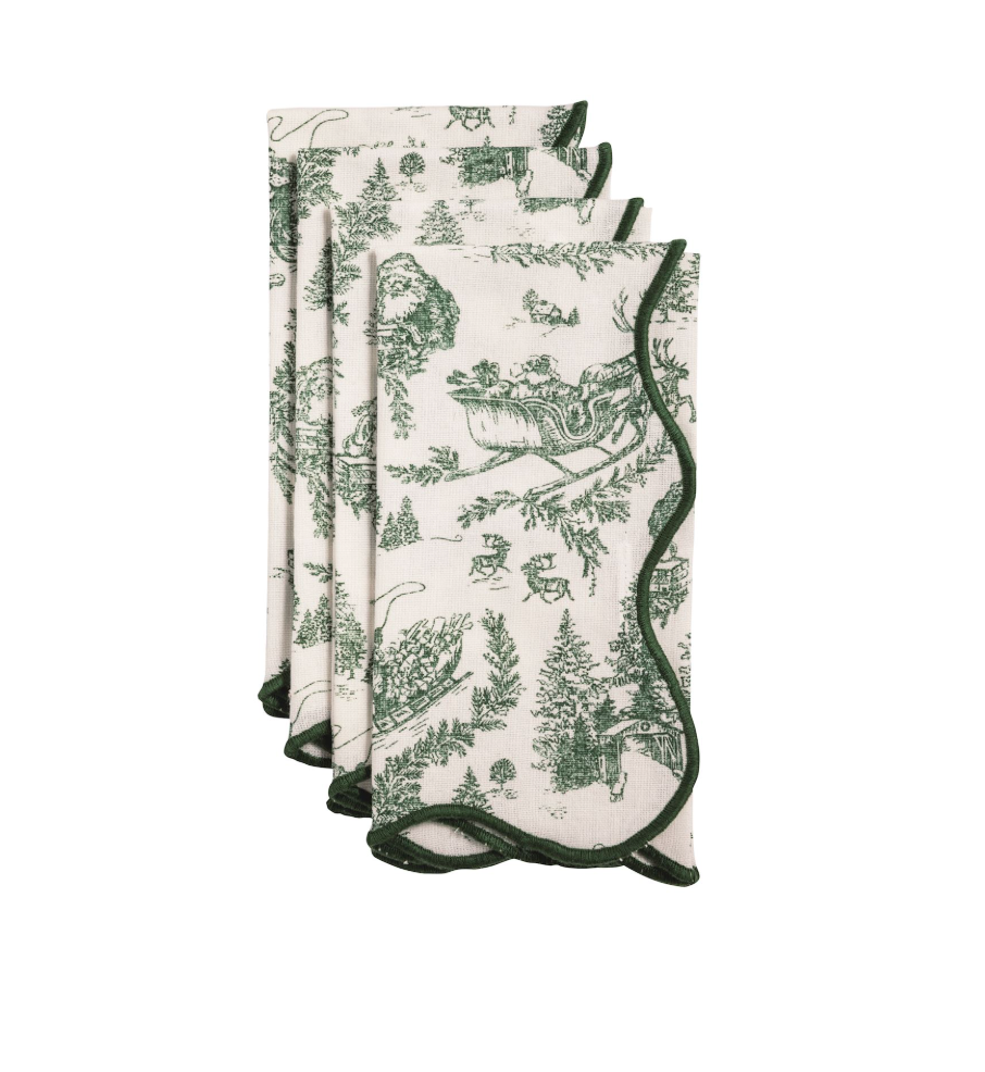 Green Toile Christmas Cloth Napkins - Set of 4