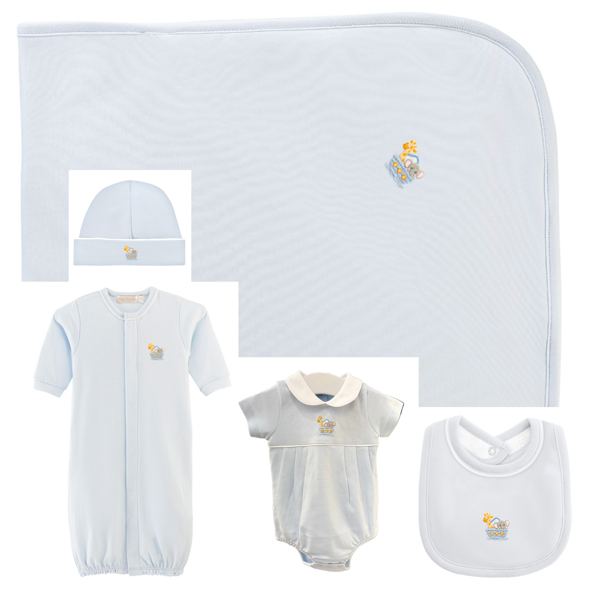 Baby Club Chic - Embroidered Noah's Ark on Blue Collection - Bib, Hat, Outfit, Blanket