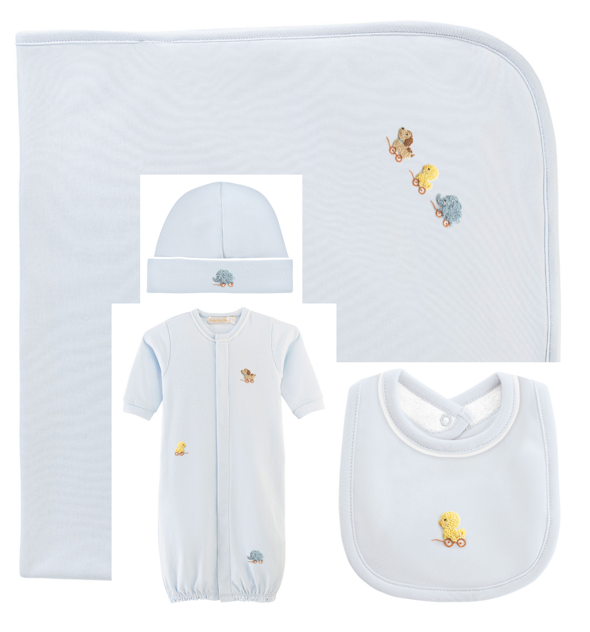 Baby Club Chic - Embroidered Vintage Toys on Blue Collection - Bib, Hat, Outfit, Blanket