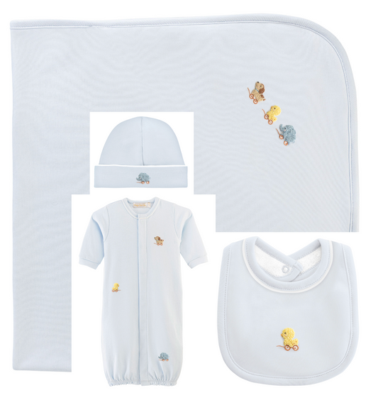 Baby Club Chic - Embroidered Vintage Toys on Blue Collection - Bib, Hat, Outfit, Blanket