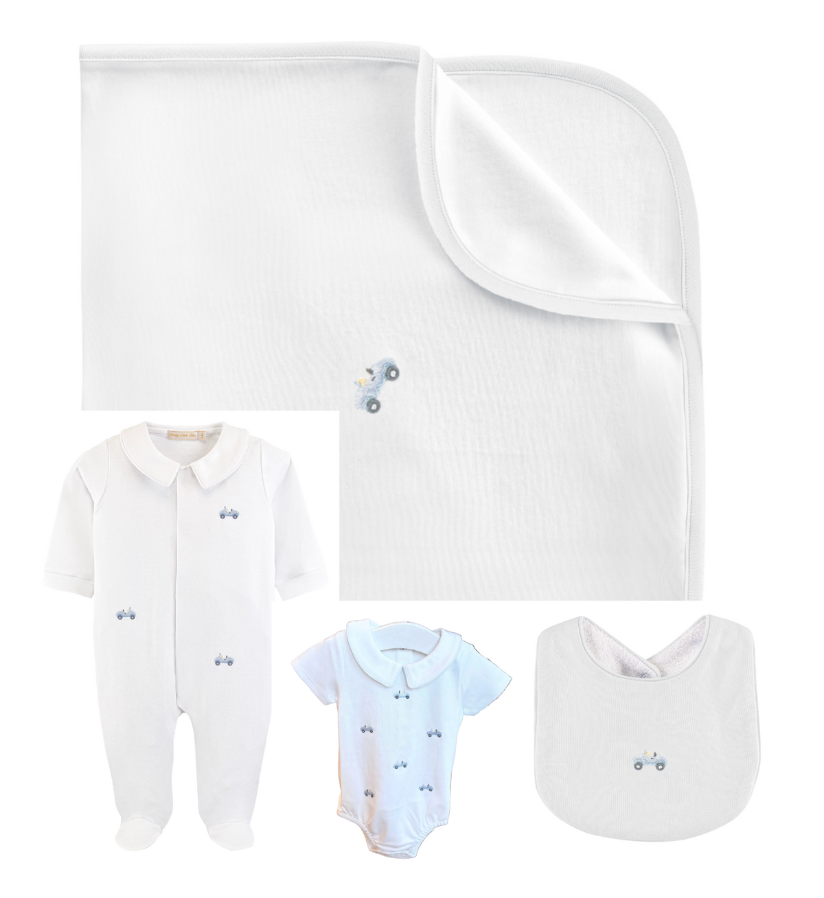 Baby Club Chic - Embroidered Cars on White Collection - Bib, Outfit, Blanket