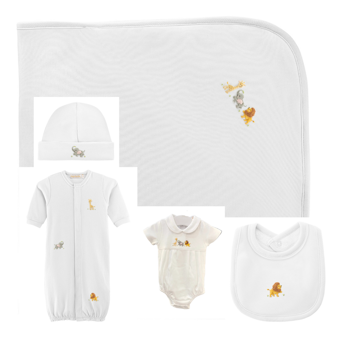 Baby Club Chic - Embroidered Safari on White Collection - Bib, Hat, Outfit, Blanket