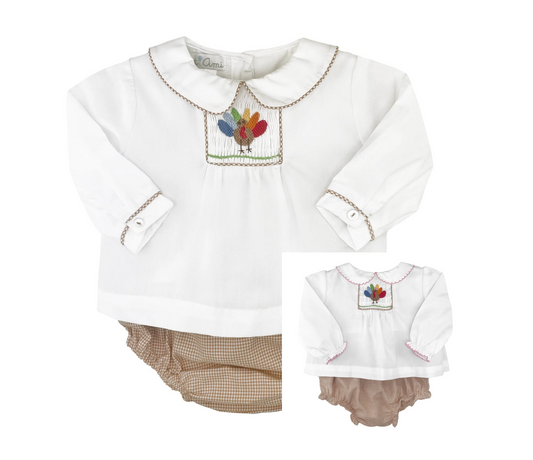Petit Ami - Smocked Turkey Diaper Set - Pink or Brown Trim
